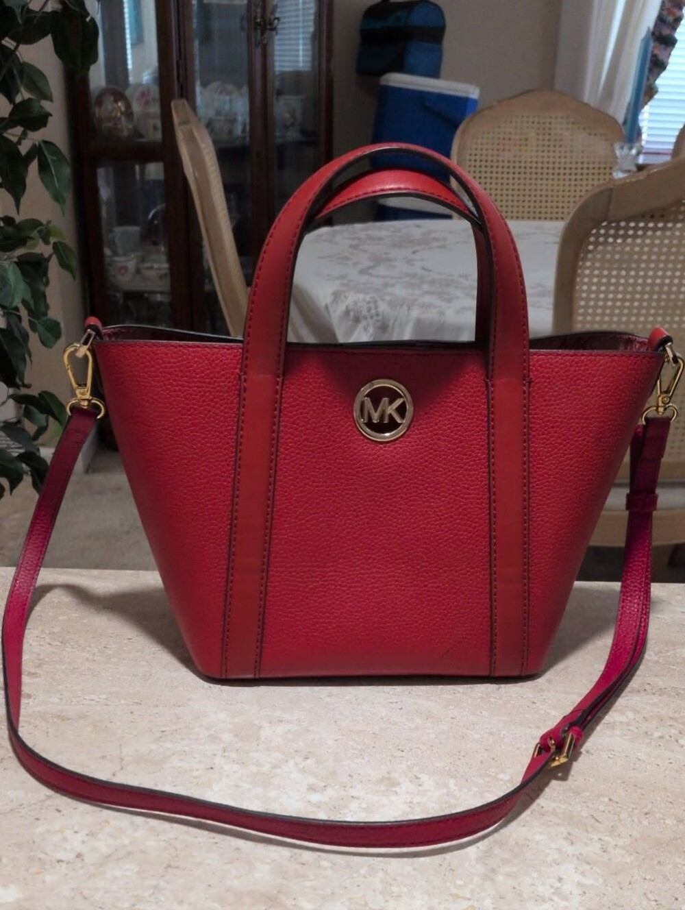 Michael Kors S/M Red Pebbled Tote with Gold MK Logo & Hardware